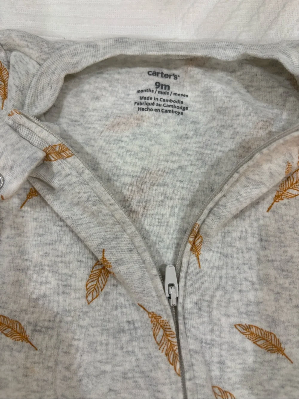 Carter's Gray Footed One-Piece with orange Feather Print